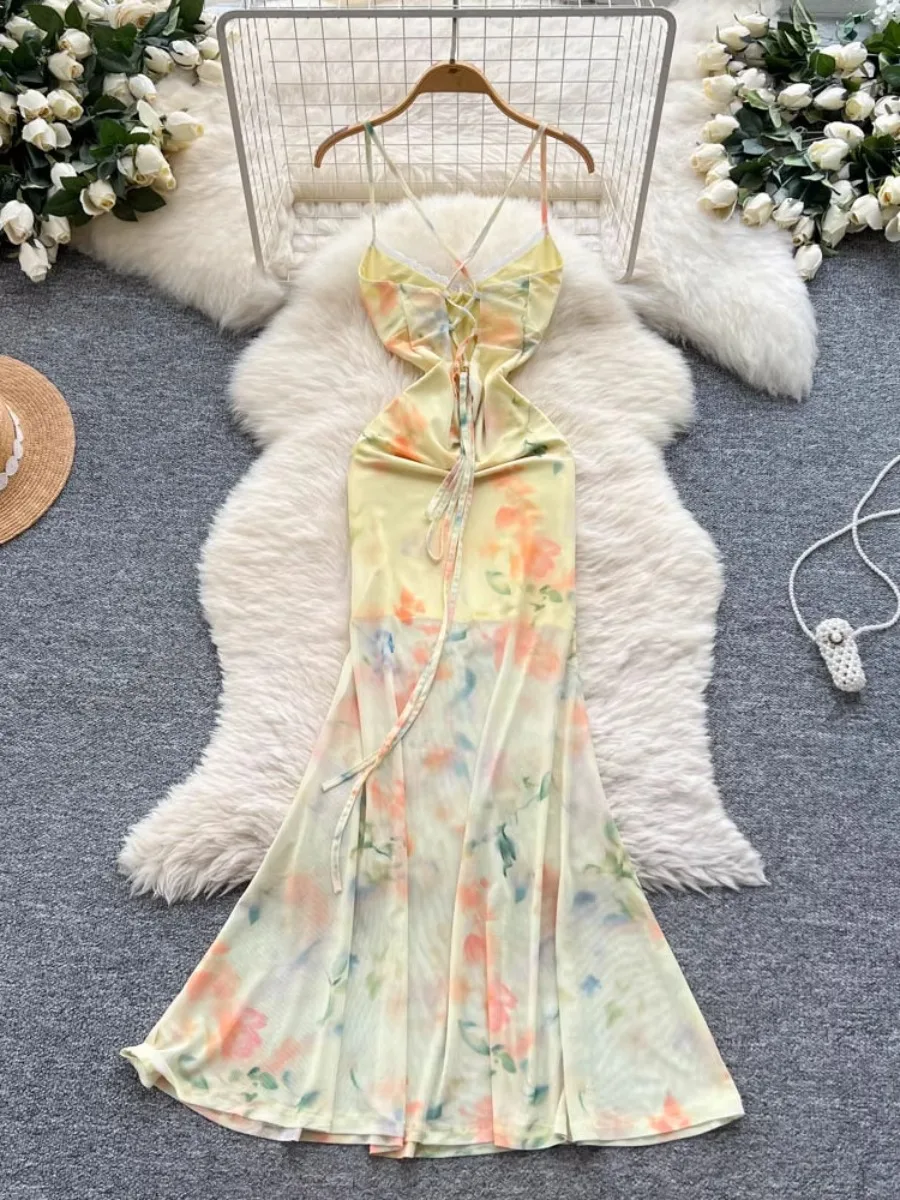 Foamlina elegante encaje Patchwork Floral malla Maxi vestido 2025 novedad de verano puro deseo chica caliente francés dulce encaje Sling vestidos