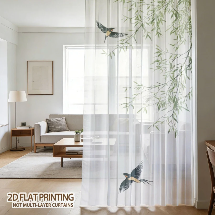 2PCS Digital Print Sheer Curtain, Swallows Singing Willow Breeze Pattern, Fresh Natural Pastoral Spring Home Style Decor view 4