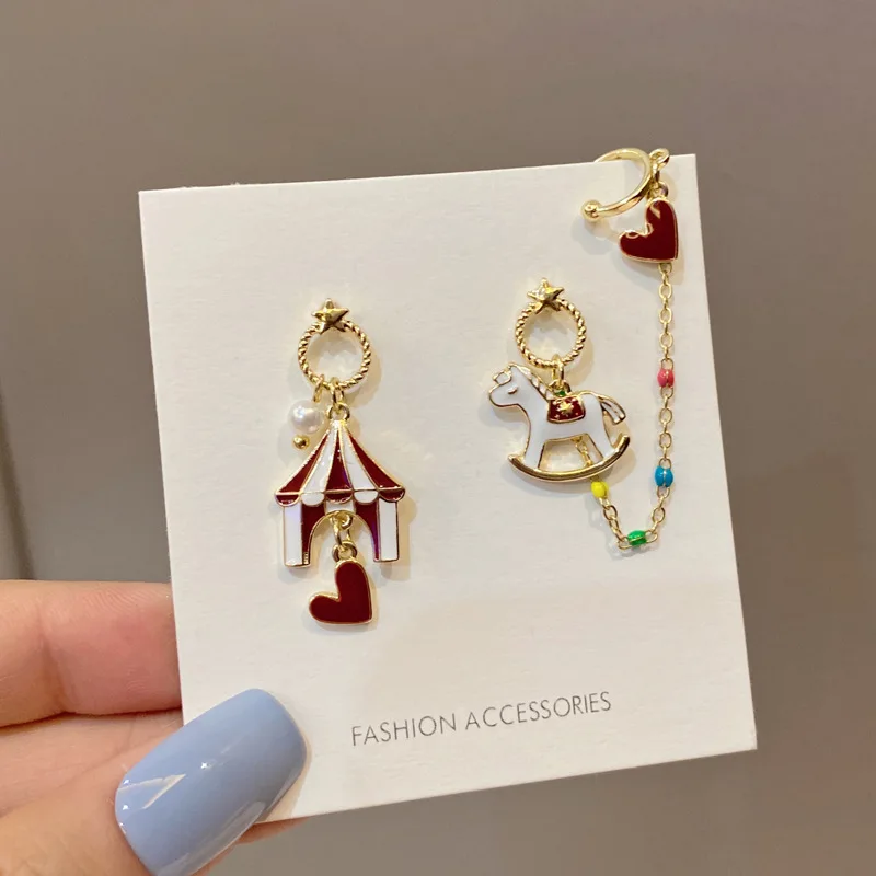 S925 Needle Creative Cartoon Amusement Park Ear Earbone Clip Personality Cute Heart Asymmetrical Rocking Horse Drop Earrings