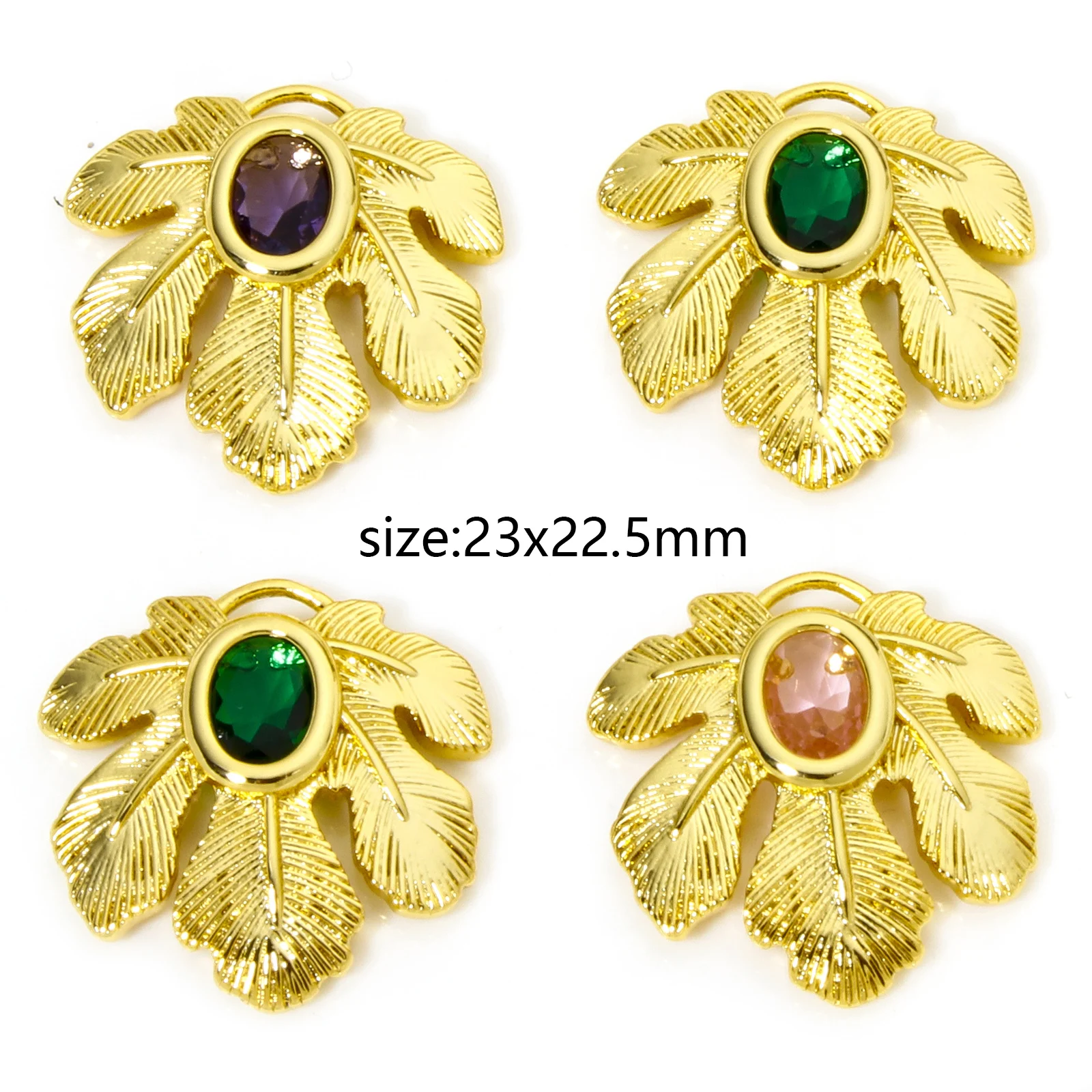 1pc New Brass Charms Gold Color Leaf Texture Hollow Multicolor Cubic Zirconia Pendant DIY Necklace Women Jewelry 23mm x 22.5mm