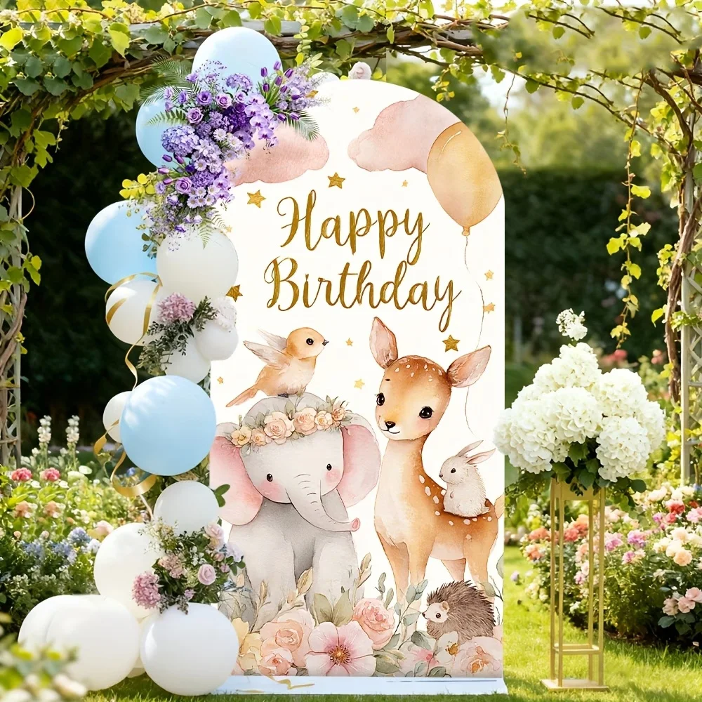 

Custom 2-sided Wild Floral Animals Happy Birthday Background Safari Forest Party Pink Flowers Stars Balloon Cloud Arch Backdrop