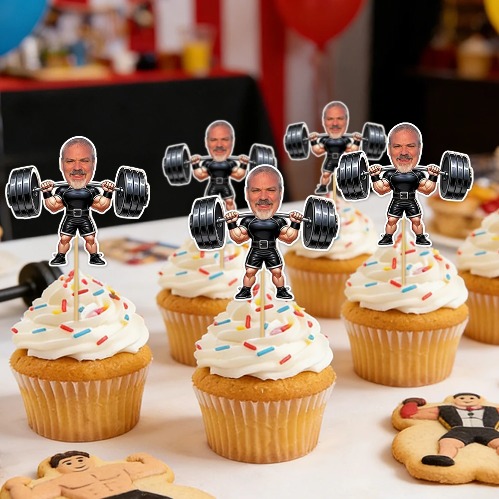 Personalisierte Cupcake-Topper zum Geburtstag, individuelles Party-Dekor mit Gewichtheber-Muster, Kuchendekoration, Obst-Dessert-Spieße, Partyzubehör
