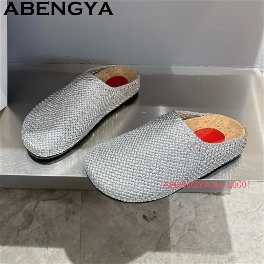 

2025 Summer New Real Leather Weave Flat Shoes Women Round Toe Comfortable Slippers Outdoor Casual Loafers Slippers Zapatos Mujer
