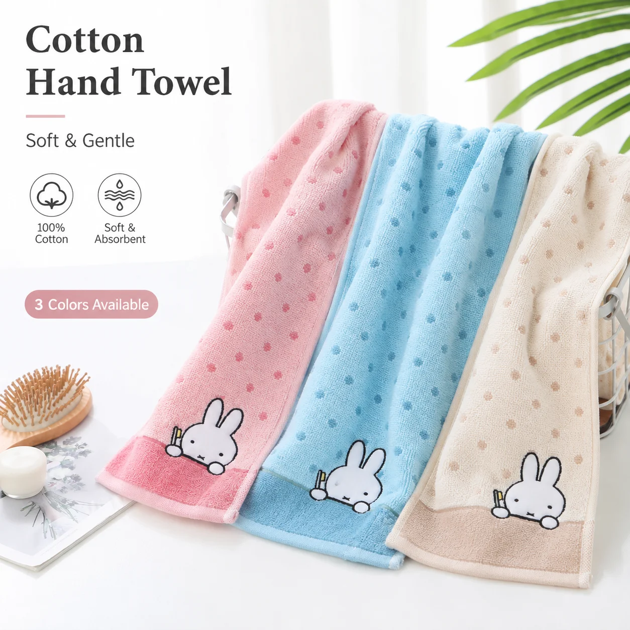 Miffy 100% Pure Cotton Face Towel Cute Cartoon Embroidery Soft Thick Absorbent Household Washable Hand Towel Bathroom Daily Use