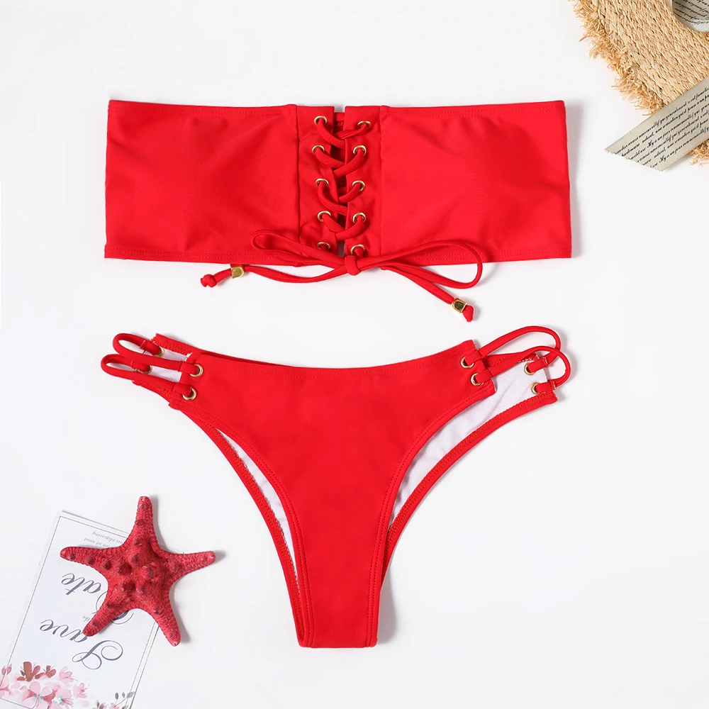 

Sexy Front Tie-Up Tube Top Bikinis Two Pieces Solid Swimsuit Women Bandage Bikini Swimsuit Female Swimwear Biquini Bathing Suit