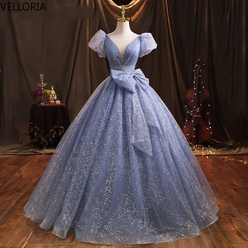 Vestido De fiesta De lujo con purpurina azul, manga abombada, cuello en V, vestido De noche Formal, vestidos De Fiesta De graduación para mujer, vestidos De Fiesta personalizados