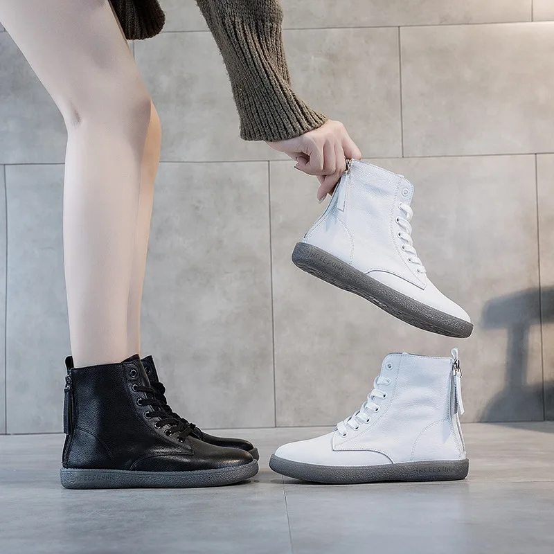 2024 Fashion Women Boots Genuine Leather White Ankle Boots Female Casual Sneakers Plus Size Soft Bottom Double Zipper Shoes