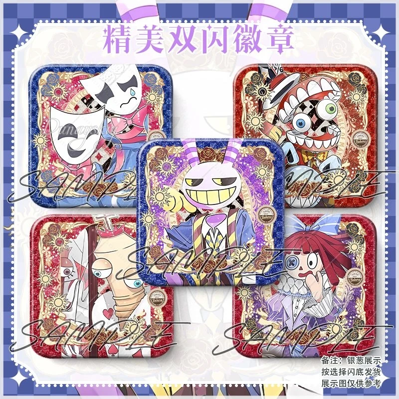 Anime Amaze Pomni Square Button Pin Caine Jax Gangle Badge Brushed Silver Glitter Process Square Badge High-Definition Safety