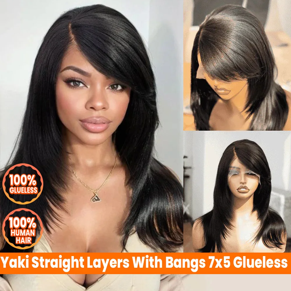 Human Hair Wig Layered Straight with Bangs Glueless Lightweight Daily Wear Amazon.com : Layered Wig With Bang Wavy Light Straight Lace  main image 4