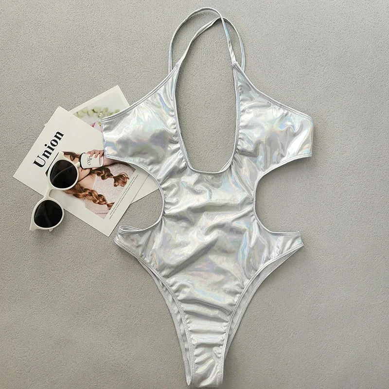 Silver Shiny Bikini Cross Bandage One Piece Swimwear Women 2024 New Hollow Out Suspender Backless Beach Monokini Bathing Suit