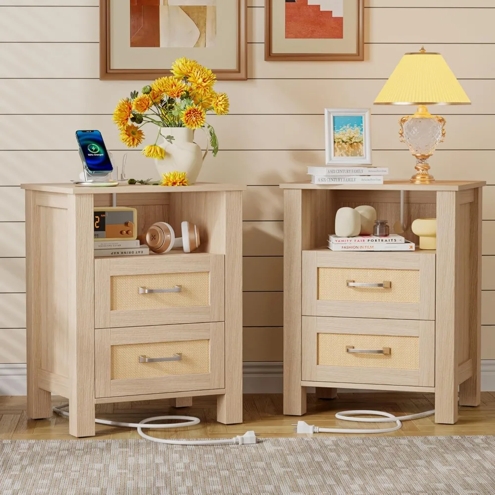 

A set of two rattan bedside tables with 2 drawers and storage shelves for farmhouse bedside tables