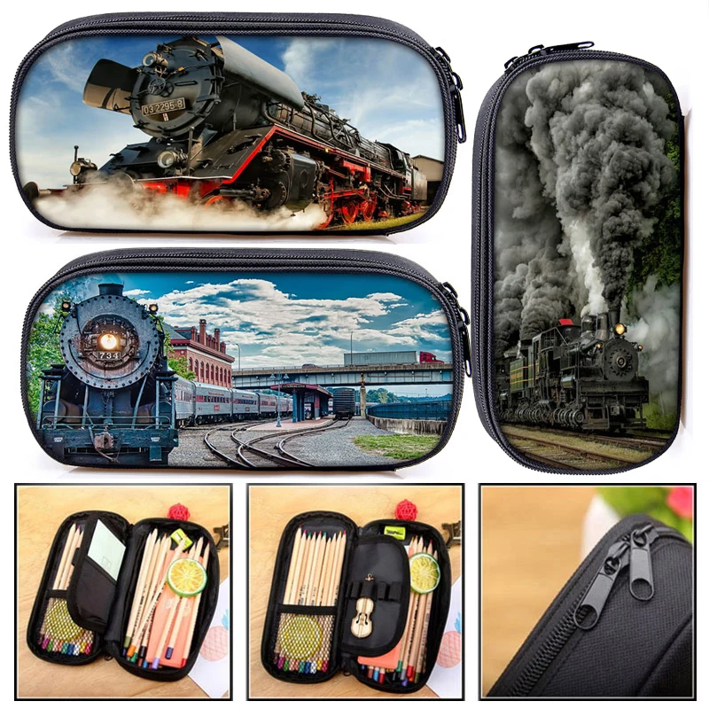 Vintage Steam Train Locomotive Cosmetic Cases Pencil Bag Boy Girl School Case Kids Pencil Box Children Stationery Bag