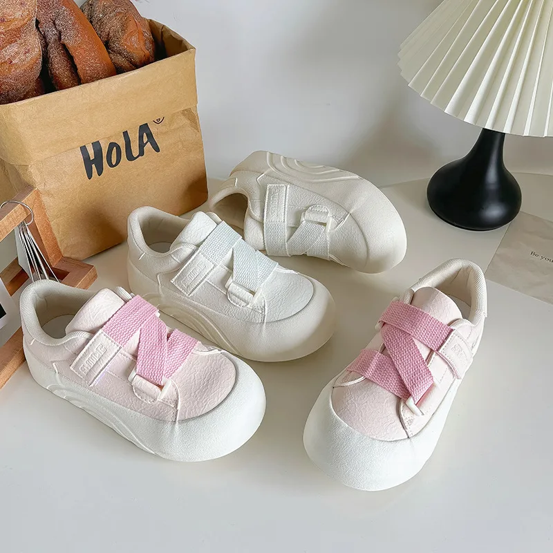 Pebel American Style Magic Tape Thick Bottom Bread White Shoes Spring New Casual Sports Shoes Low Cut Canvas Shoes for Women
