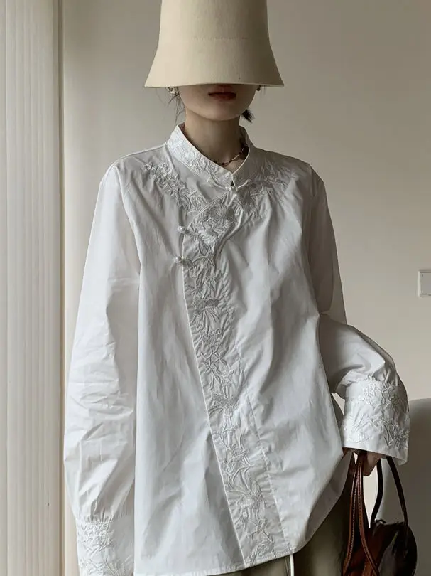 

Long Sleeve Casual Style Stand Collar Loose Chinese Embroidered Heavy Flowers Shirt Breathable Spring Summer Women's Fashion