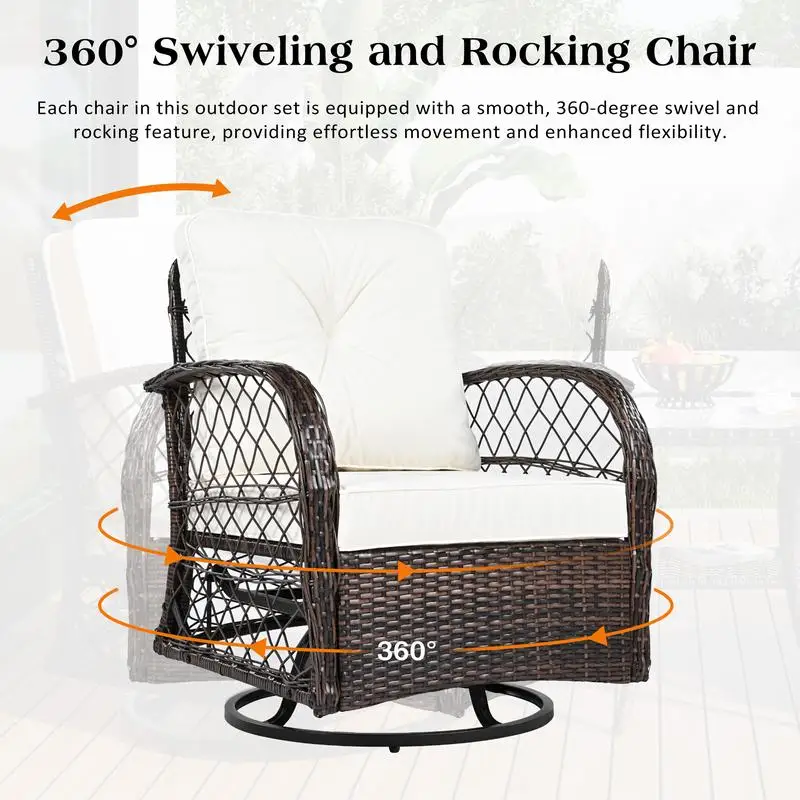 3-Piece Outdoor Chair & Table Set, 2-Person Rattan Seating Group with Swiveling Rocking Chairs & Square Table for Patio,
