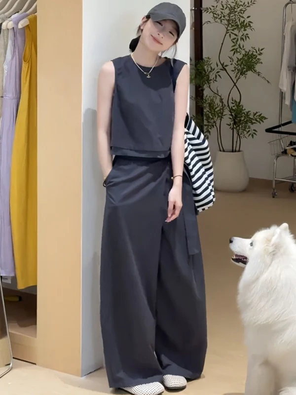 

2025 Summer Fashion Set High Waist Wide Leg Pants Sleeveless Top And Bottoms Two Piece Casual Chic Korean Style Women's Wear