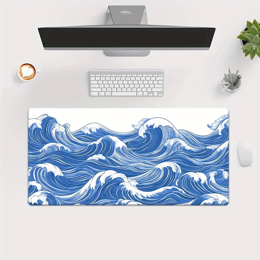 

1pc Blue Wave Pattern XXL Mouse Pad, HD Printed Desk Mat, Non-Slip Gaming Mousepad for PC Office