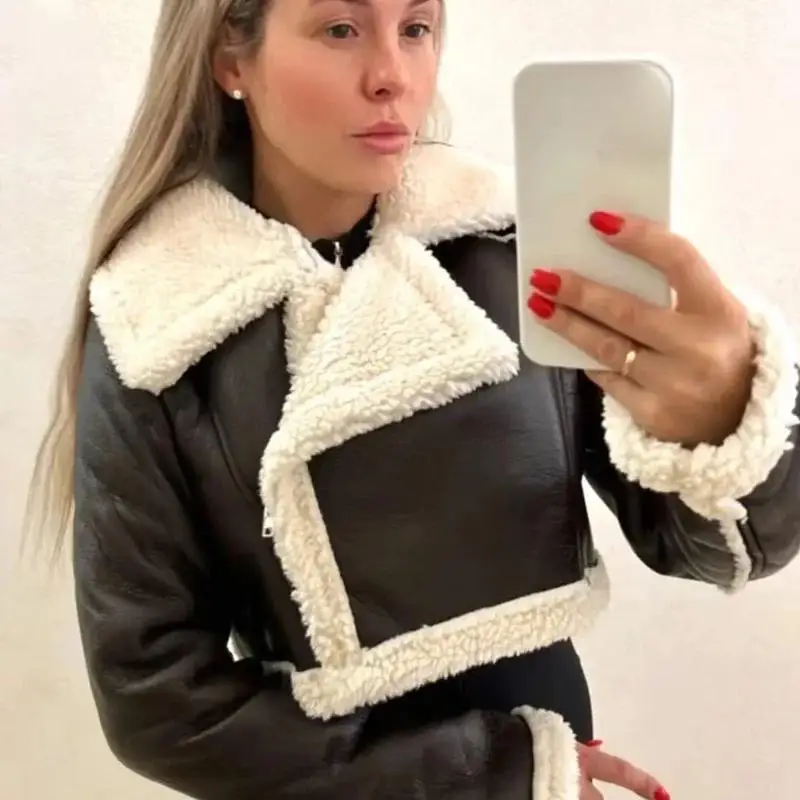 Women's Black Cropped Leather Jacket Coat Blend Styles Spring 2026 Fashion Ladies Premium Quality No Brand Registered Trademark