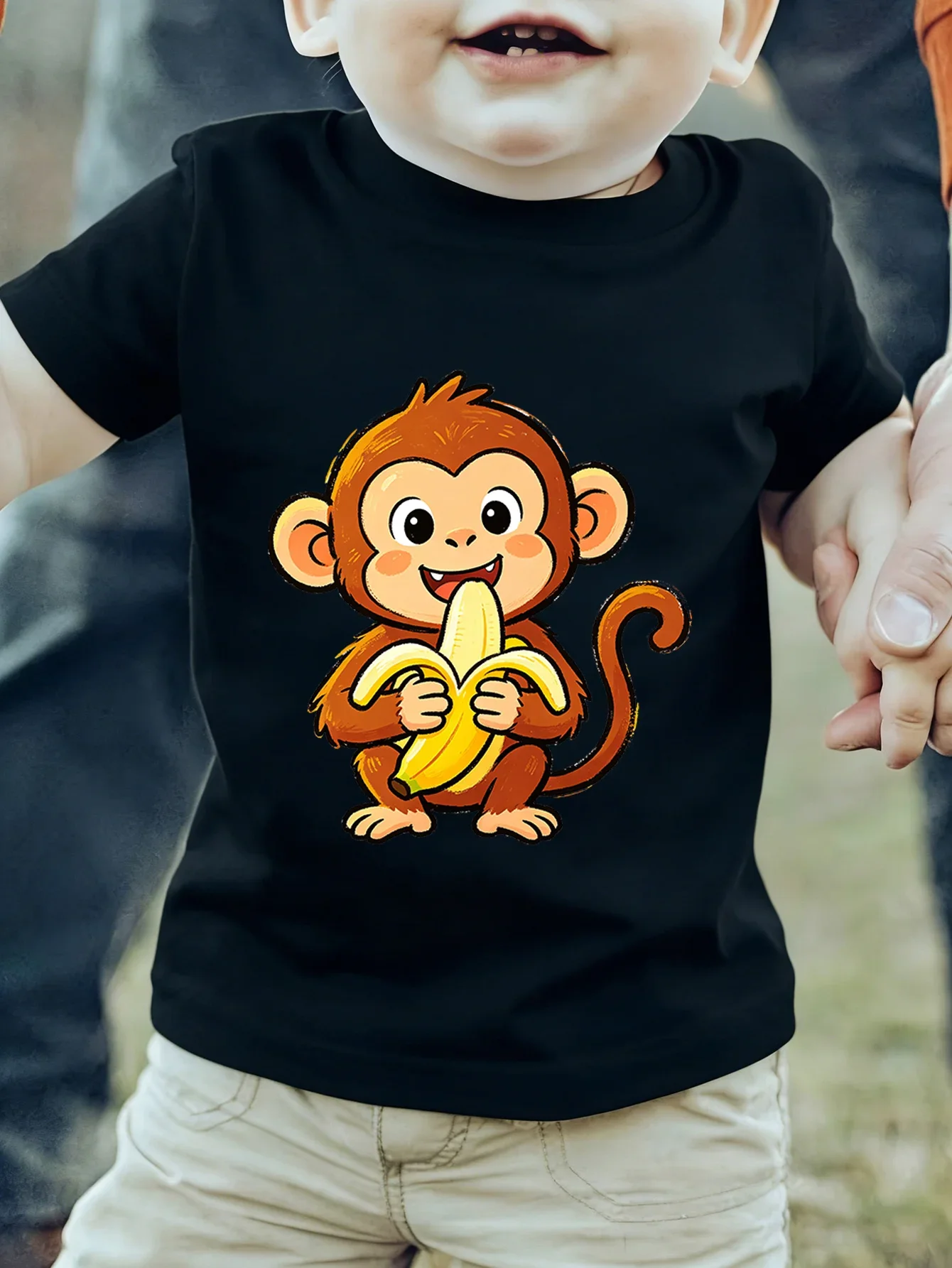 Happy Little Brown Monkey With Banana Kawaii Animal Print Kids T Shirt Boys Girls Family Matching Summer Crew Neck Casual Tee