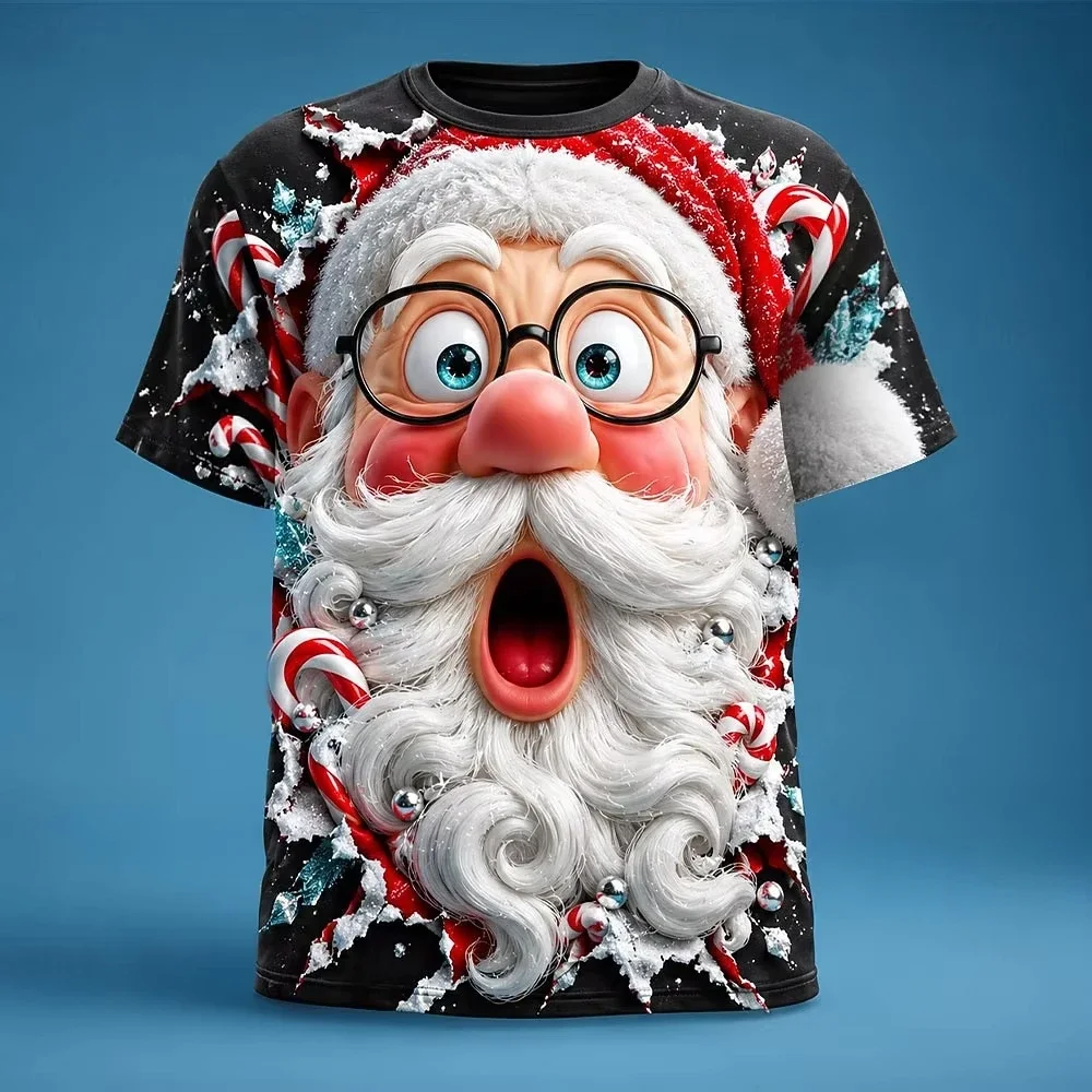 Funny Cartoon Winking Santa Face Graphic T Shirt Holly Berry Xmas Holiday Top Christmas Party Novelty T-Shirt Unisex Clothing