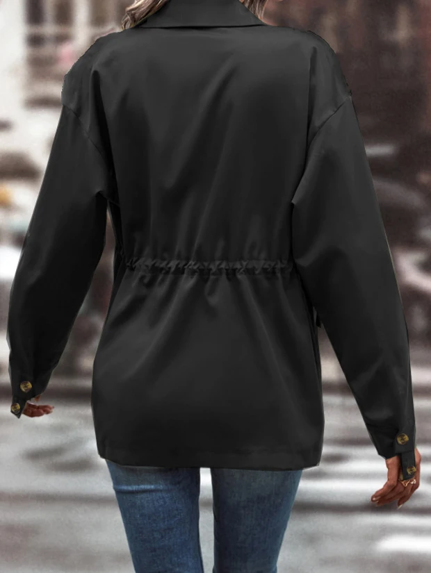 Women's Plus Size Spring and Autumn Casual Jacket with Drawstring Waist and Pockets