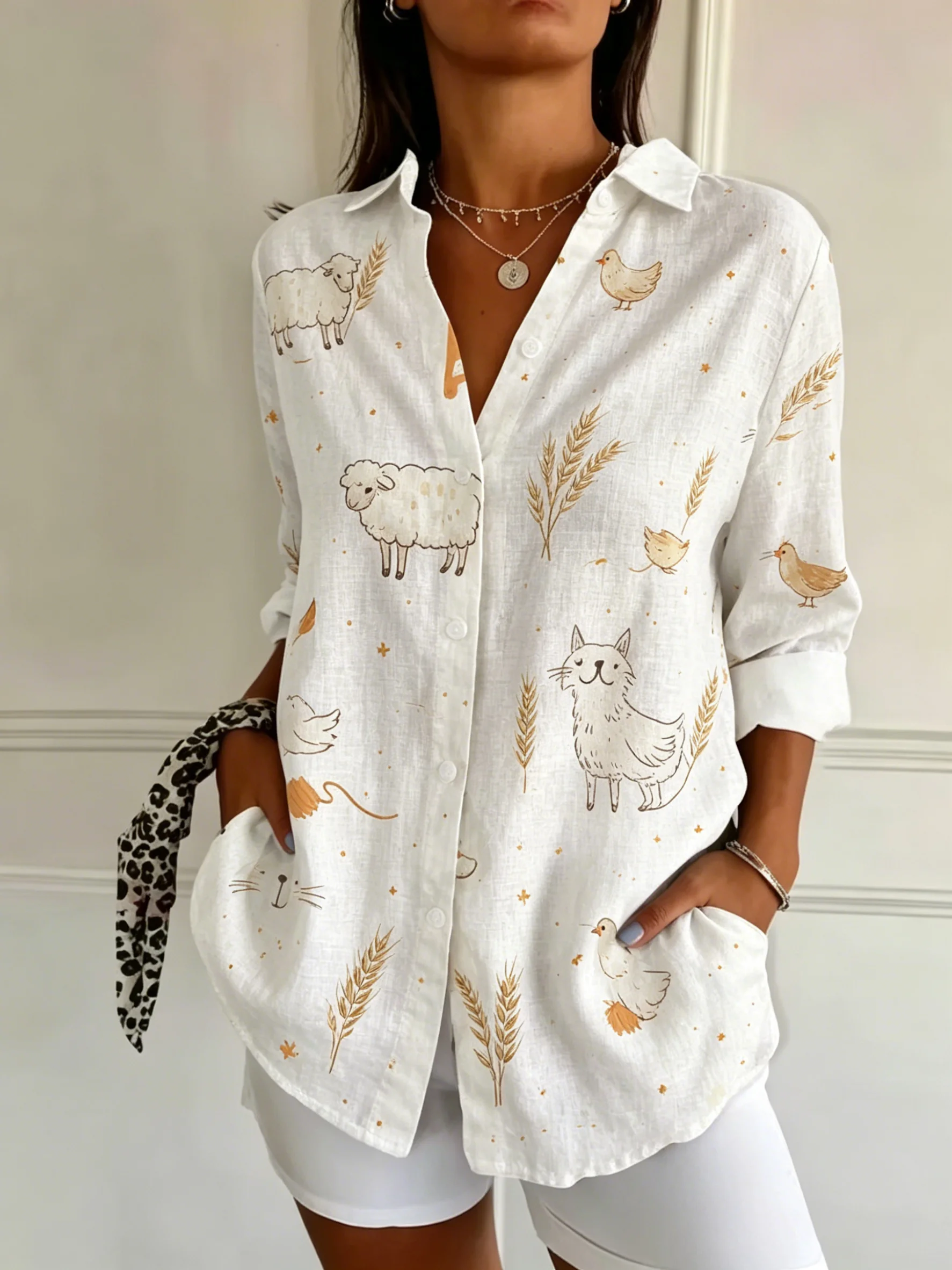 Women's Spring Summer Cute Sheep Chicken Cartoon Print Button Down Shirt, Casual Daily Printed Collared Blouse
