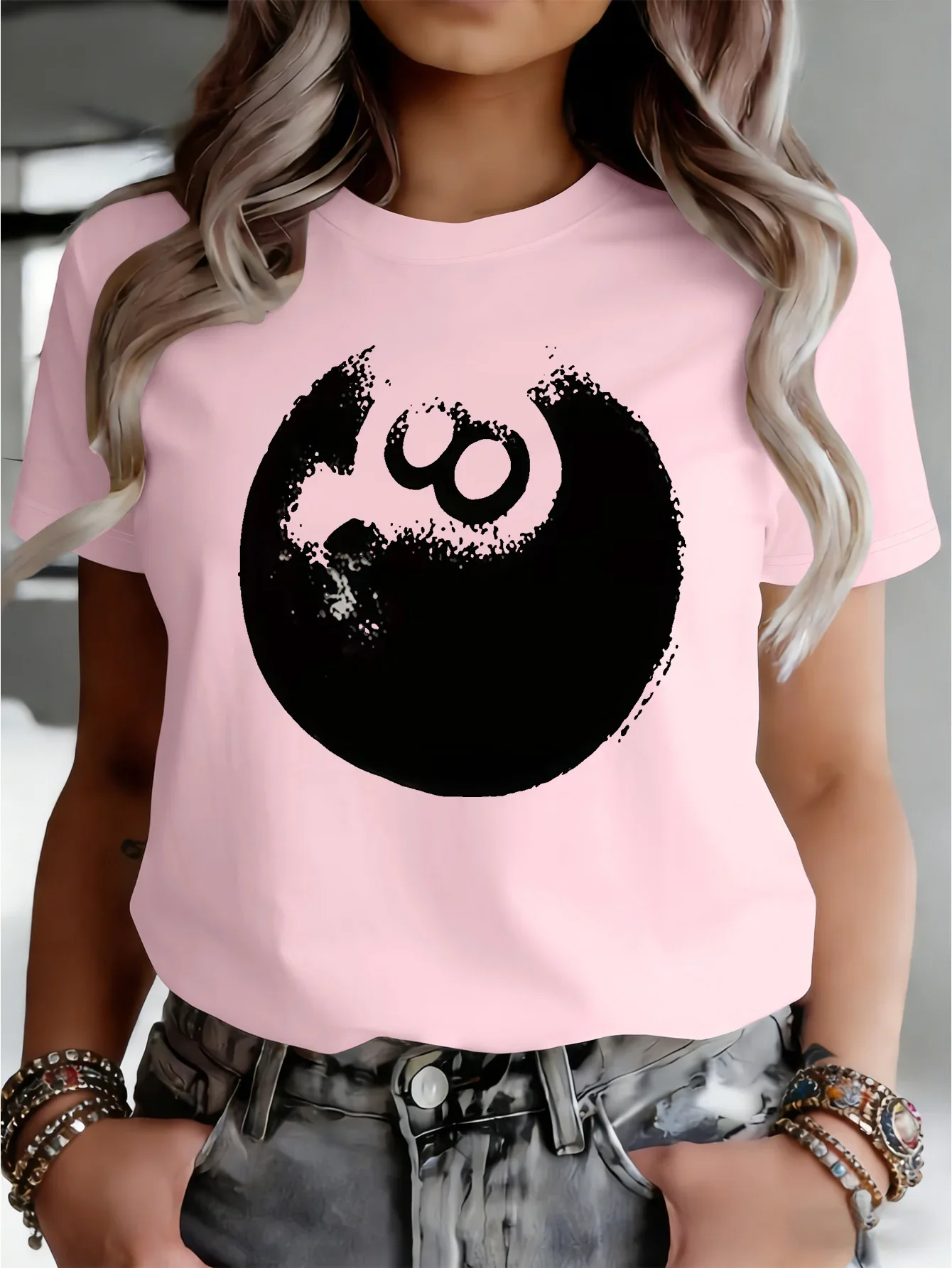 Women Crew Neck Tee Vintage 8 Ball Graphic Print Short Sleeve Loose Ladies Summer SofPlus Size Casual Street Top