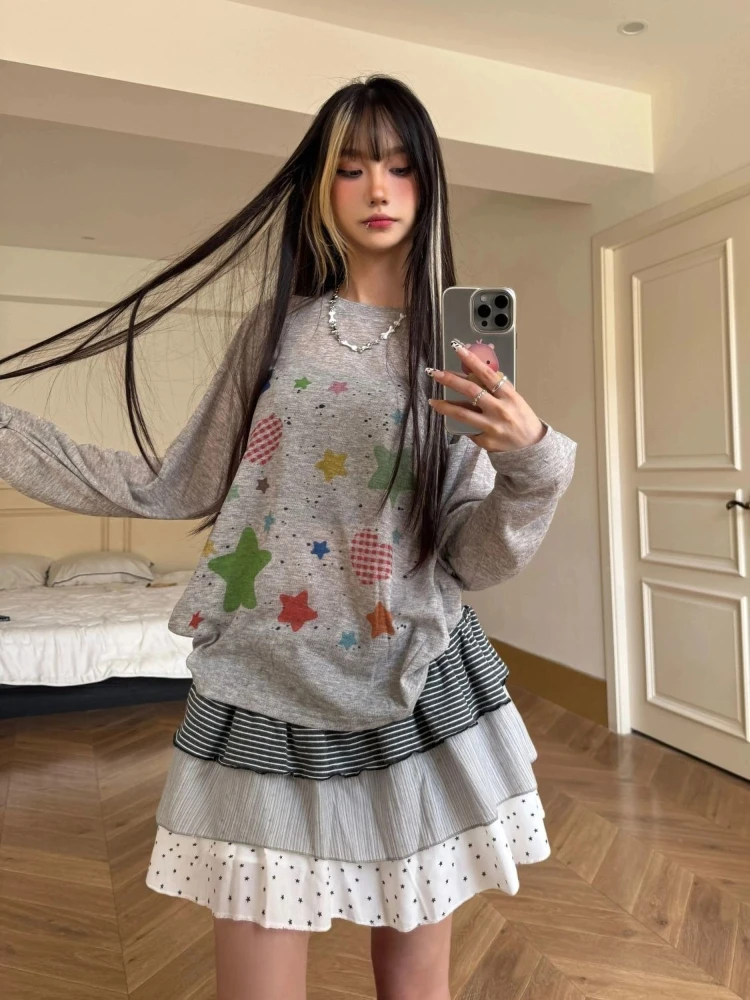 

Deeptown Vintage Star Print T-shirts Women Y2k Harajuku Gray Long Sleeve Tees Korean Style Retro Oversized Streetwear T-shirts