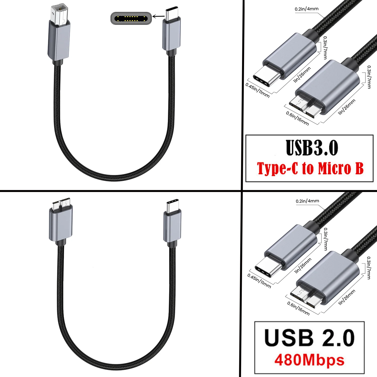 USB C to Micro B Cable, Micro B to USB C External Hard Drive Cable for Seagate, LaCie, Toshiba, WD External Hard Drive