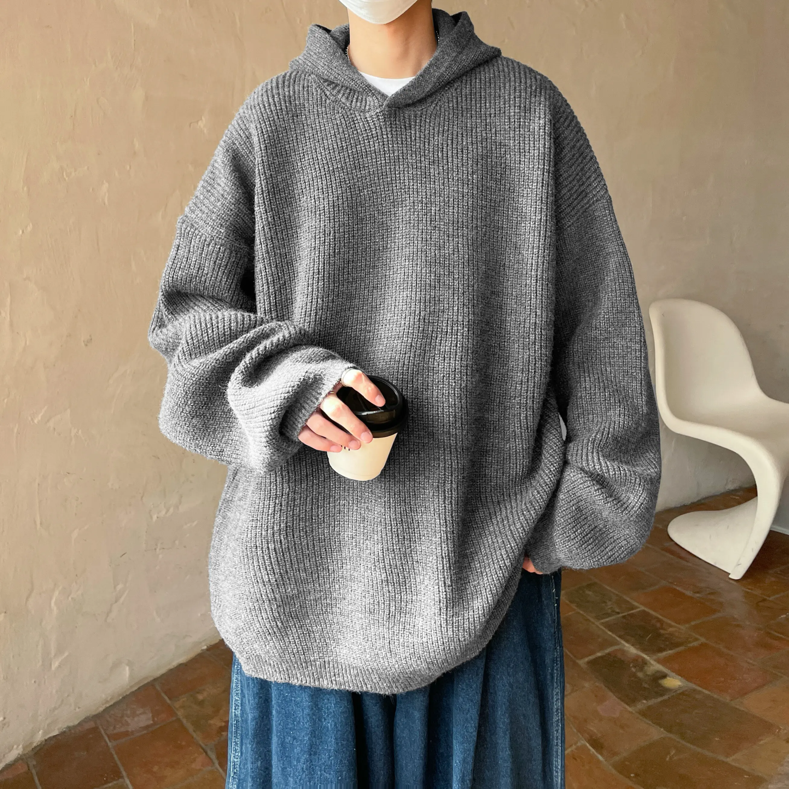 

Мужской свободный вязаный свитер-худи Deep ey, осенне-зимний, модный, повседневный, с длинным рукавом, из полиэфирного волокна, антистатический