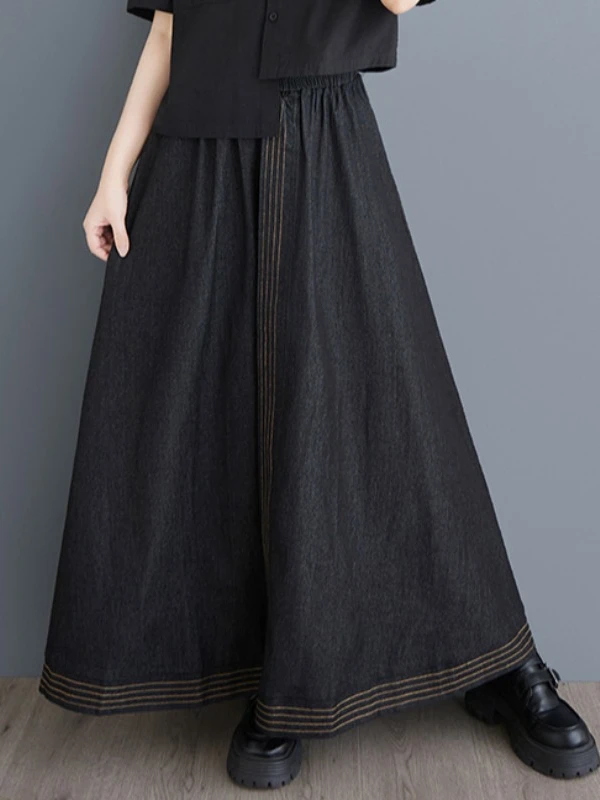 Waed Denim Falda acampanada de cintura alta Longitud larga Color Blo S Faldas casuales de primavera de talla grande para mujer