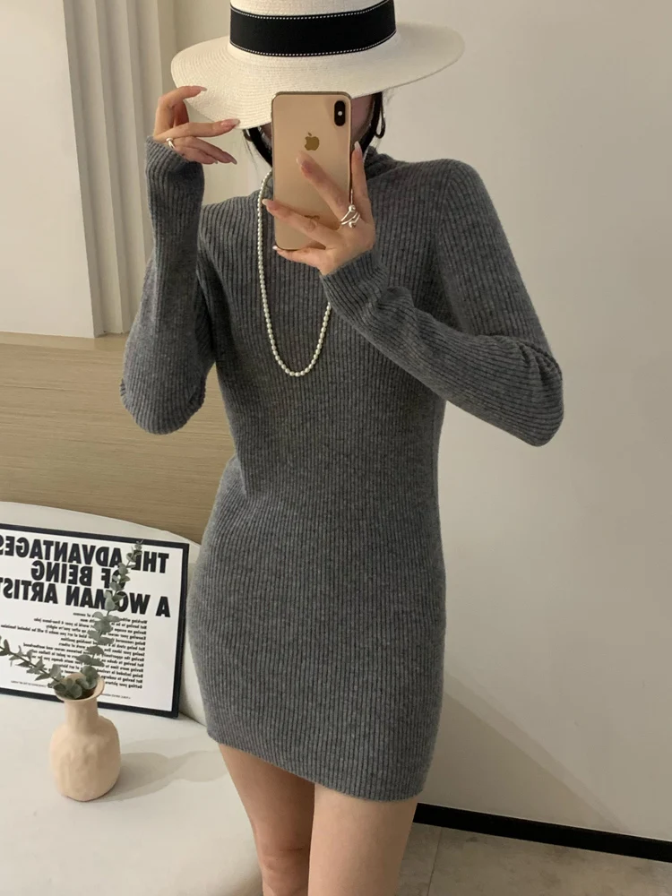 

Autumn Winter Sweater Women Dress Sheath 100% Merino Wool Dress High Neck Slim Bag Skirt Basic Long Sleeve Dress Sexy Mini Dress