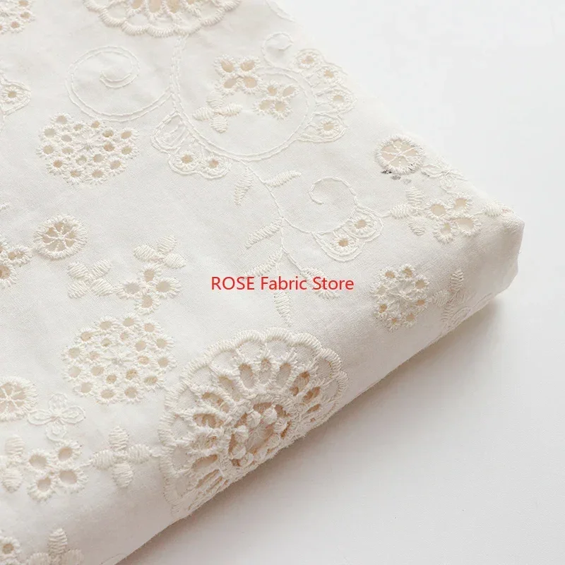 Off-white Cotton Hollow Embroidered Fabric for skirts, Gown, dress, blouse, tops, table cover, costumes design