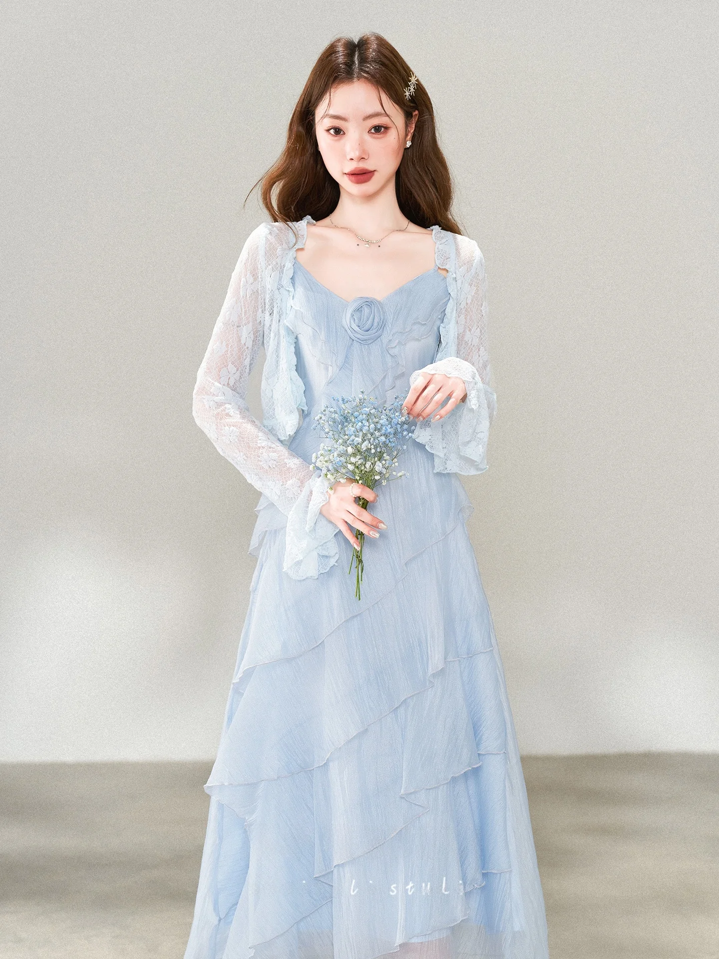 

Summer New Blue Lace Trim Dress Vacation Cardigan Strap Women's Two-Piece Set High Waist Regular Length Pure Color Casual Dress