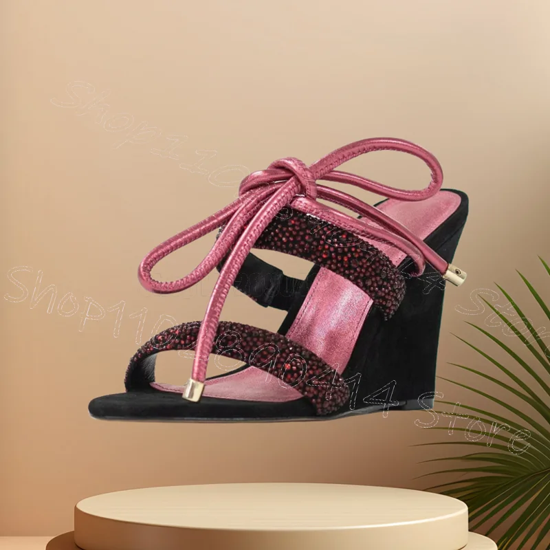 

Burgandy Crystal Design Wedges Heel Sandals Lace Up Women Shoes Open Toe Fashion Party Banquet Dating 2025 Zapatos Para Mujere