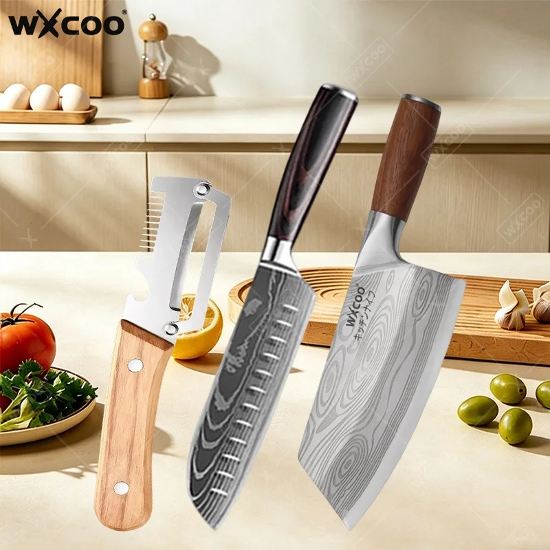 WXCOO Edelstahl-Küchenmesser Multifunktionales Fleischmesser zum Entbeinen Obstschäler Japanisches Messer mit Holzgriff