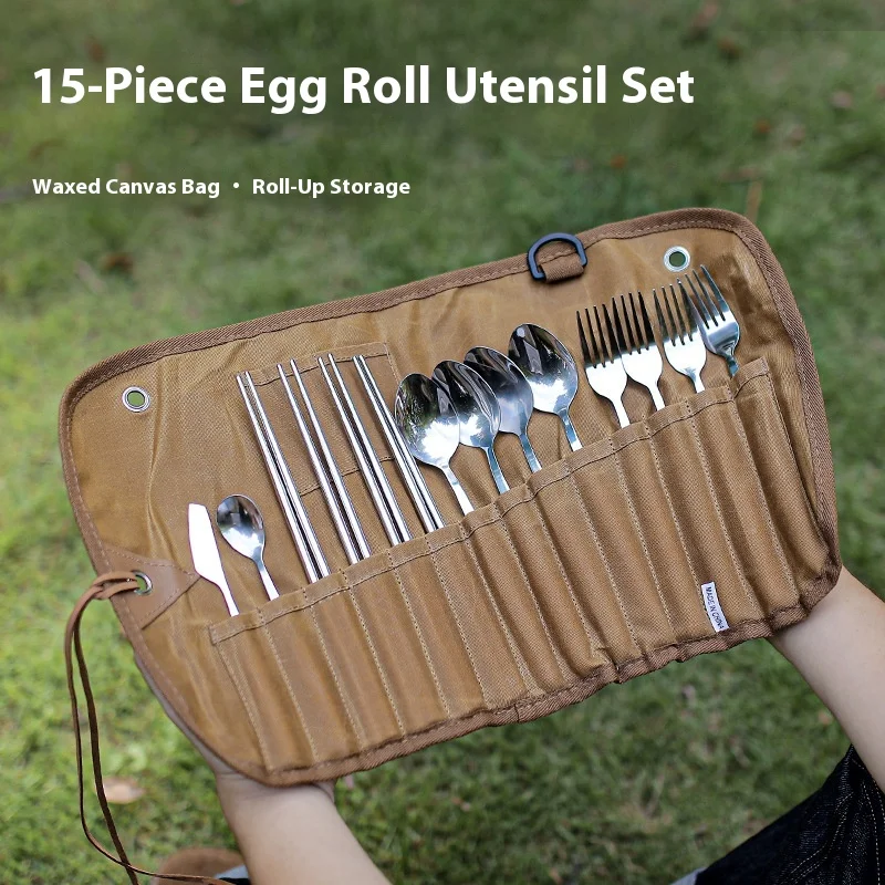 حقيبة تخزين أدوات المائدة للتخييم مع ملعقة من الفولاذ المقاوم للصدأ وعيدان تناول الطعام ومواد قماش مشمعة