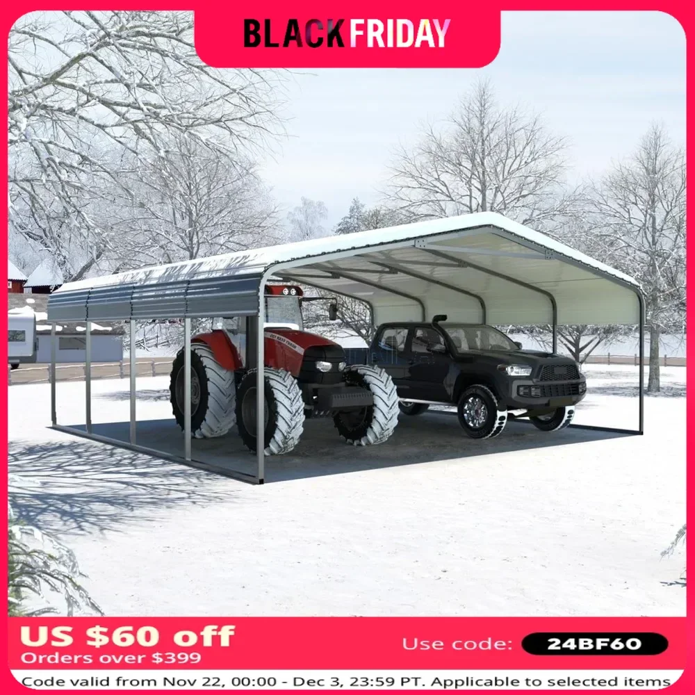 Outdoor Carport, 20' X 20' Heavy Duty Canopy, Cars Garage Shelter with Galvanized Metal Roof and Frame, Outdoor Carport