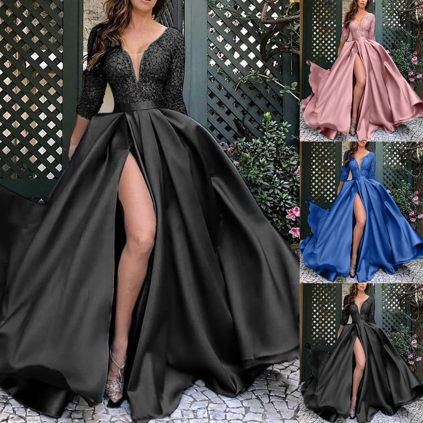 

Sexy Lace Patchwork Party Dress High Slits Tie Waist Floor-Length Dresses Bridesmaids Infinity Robe Female Wedding Guest Dress A