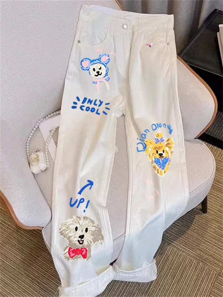 

Джинсы унисекс Sweet Cool Dopane Cartoon fiti, прямые, с высокой талией, свободные, повседневные, белые, весна-осень