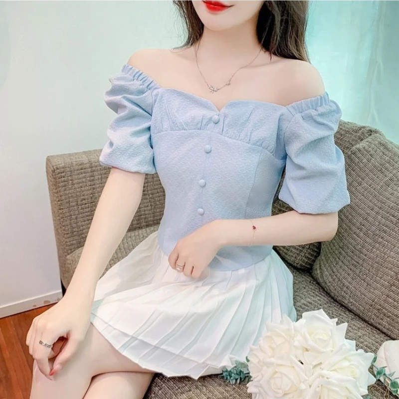

Square Neck Short Sleeve Shirt for Women 2026 New Arrivals Elegant Slim Fit Short Top with Bubble Sleeves Summer Casual Blouse