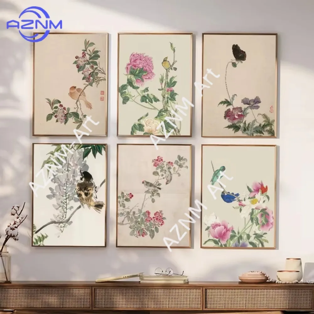 1 Stück, Retro-Kunstposter im chinesischen Ästhetik-Stil mit Blumen und Vögeln, Tuschemalerei, traditionelle chinesische Malerei auf Leinwand, Wanddekoration für Zuhause