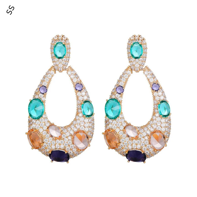 Light Luxury Heavy Handmade Design Sense Rainbow Romantic Earrings Colorful Exaggerated Banquet Gems Zircon Jewel Accessories