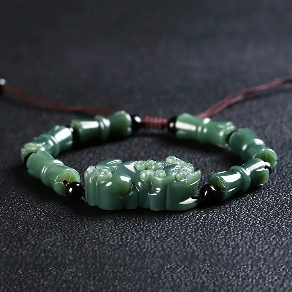 Natural Nephrite Jade Green Pixiu Long Beaded Handmade Cord Braided Bracelet