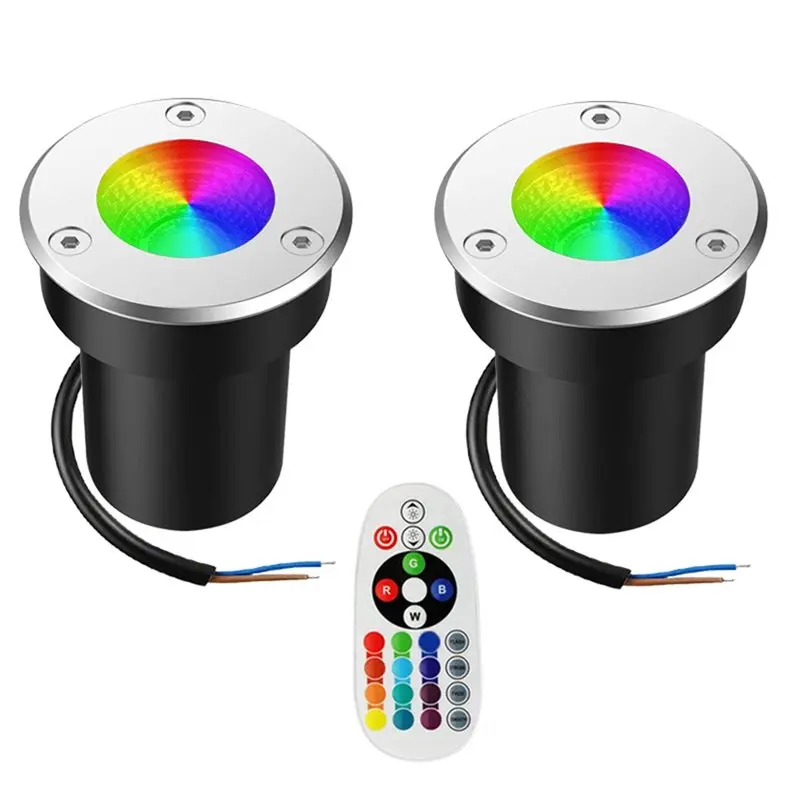 A96I-Outdoor Well Light 12V RGBW In Ground Light 3W Color LED Light Low Voltage Landscape Light With Remote Control 2Pcs