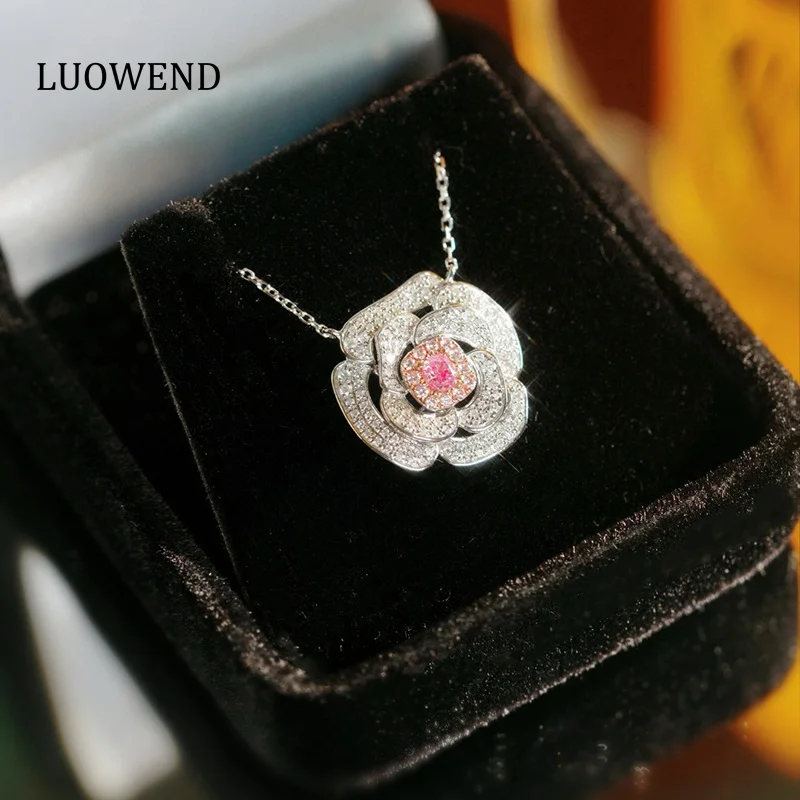 LUOWEND 100% 18K White Gold Necklace Real Natural Pink Diamond Pendant Necklace for Women Elegant Flower Shape Party Jewelry