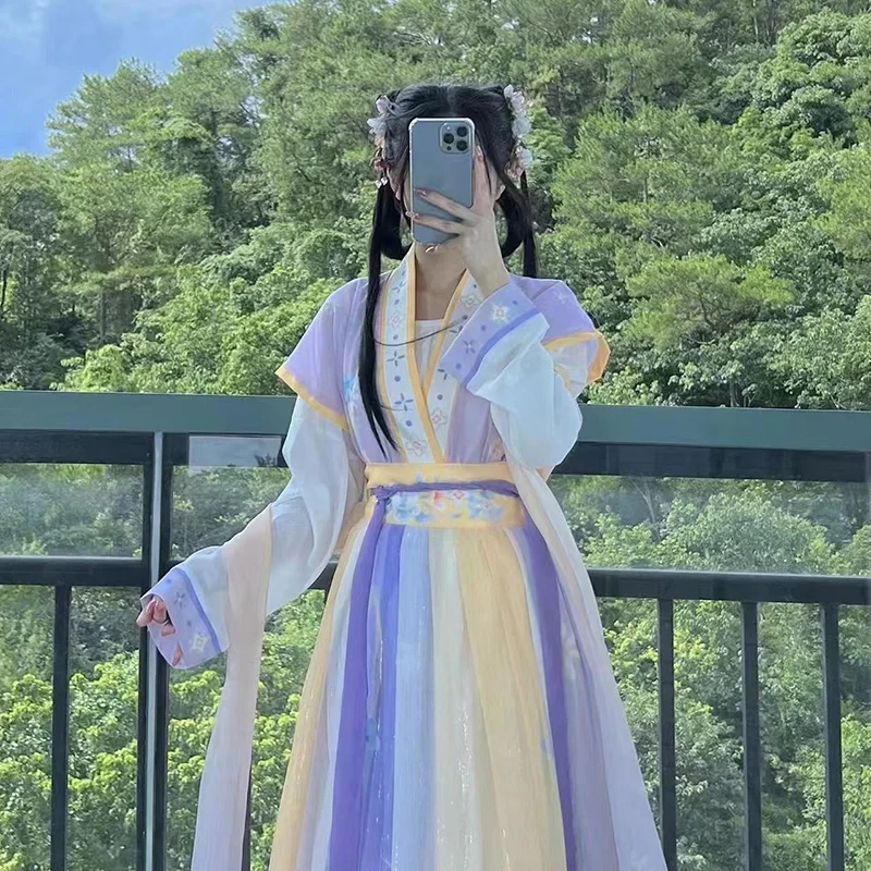 الصينية التقليدية Hanfu الأخضر الأصفر زي امرأة فستان القديمة فستان الأميرة الشرقية أناقة تانغ سلالة الرقص ارتداء