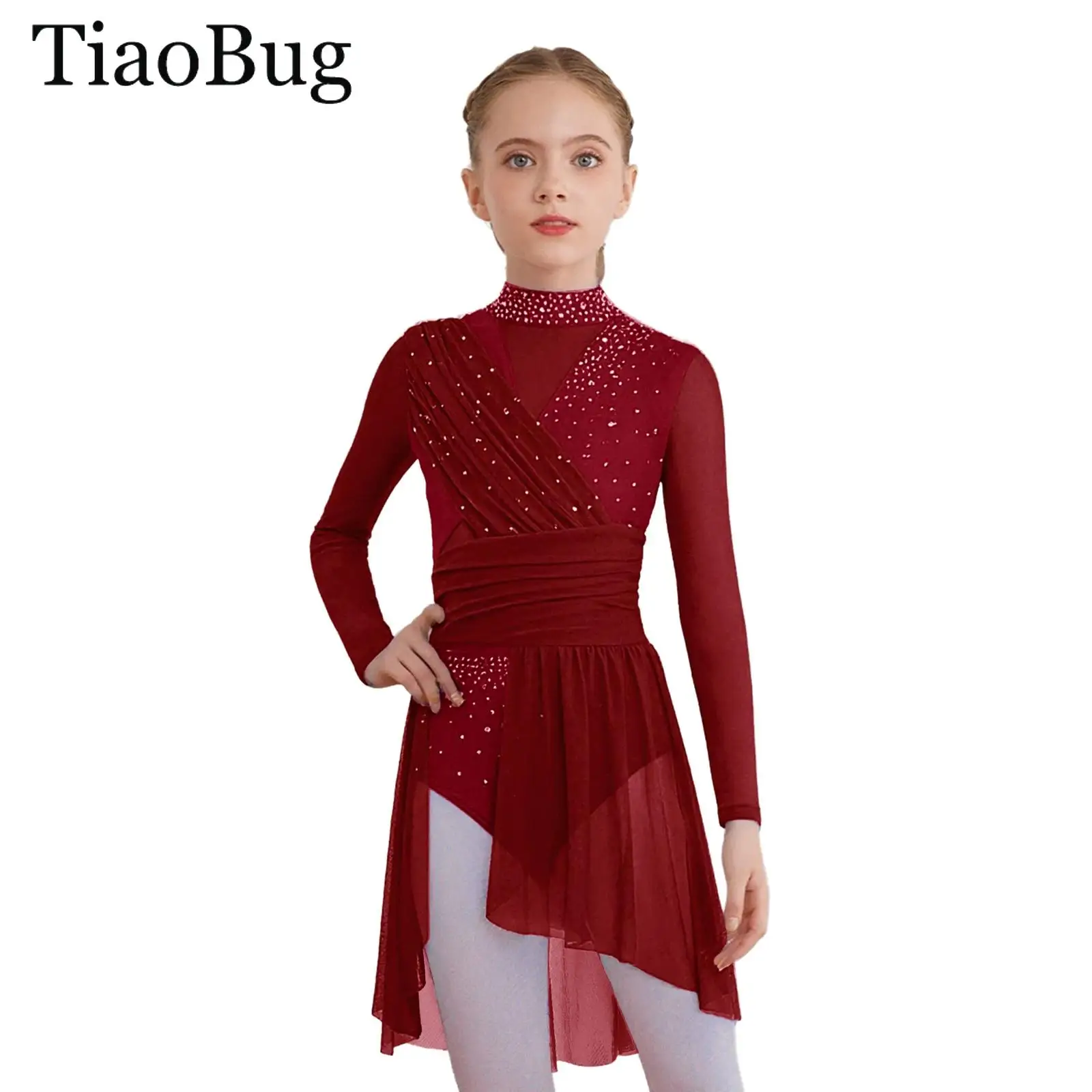 

Kids Girls Ballet Lyrical Dance Dress Long Sleeve Side Split Sheer Mesh Rhinestones Gymnastics Figure Skating Leotard Dresses