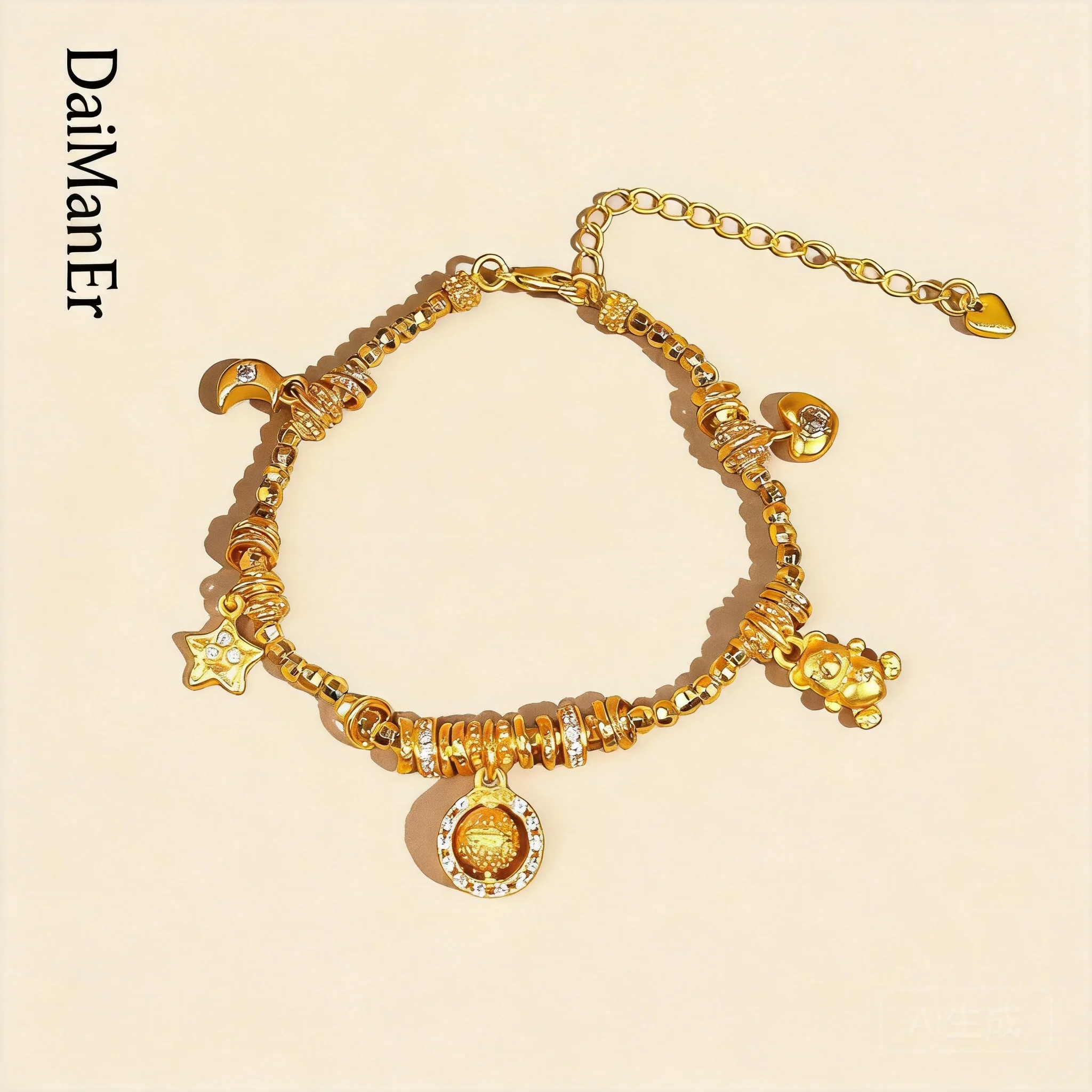Chinese Style Lucky Fortune Women Bracelet Inlaid Rhinestone Golden Beads Moon Star Panda Charms Adjustable Party Daily Jewelry