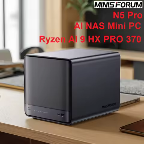 MINISFORUM N5 Pro OCuLink Mini PC AMD Ryzen AI 9 HX PRO 370 5-Bay HDD+3-Bay SSD DDR5 ECC 2xUSB4 10G+5G 2xLAN NAS Computer Server